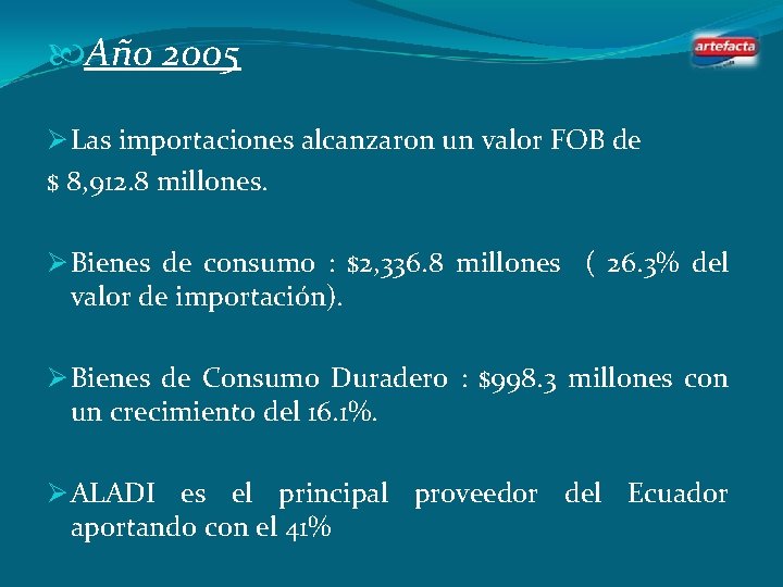  Año 2005 Ø Las importaciones alcanzaron un valor FOB de $ 8, 912.