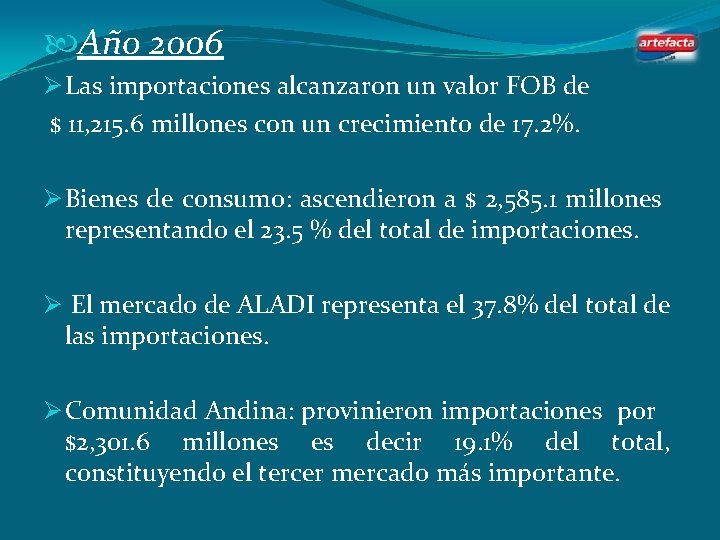  Año 2006 Ø Las importaciones alcanzaron un valor FOB de $ 11, 215.