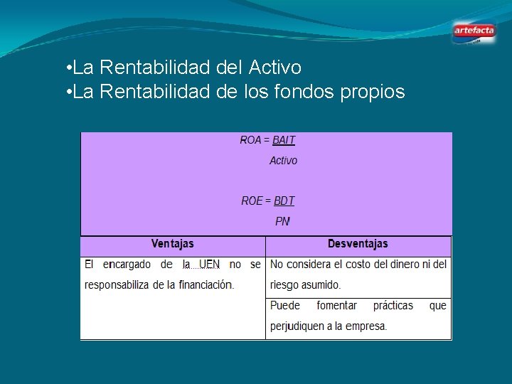  • La Rentabilidad del Activo • La Rentabilidad de los fondos propios 