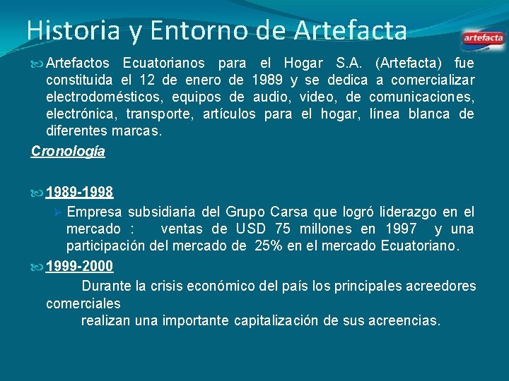 Historia y Entorno de Artefacta Artefactos Ecuatorianos para el Hogar S. A. (Artefacta) fue