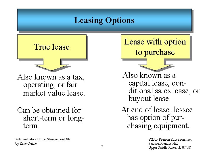 Leasing Options Lease with option to purchase True lease Also known as a capital