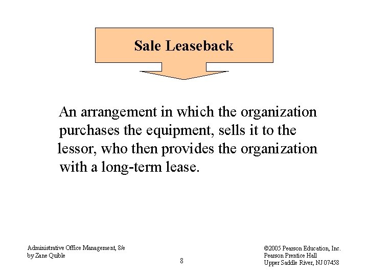 Sale Leaseback An arrangement in which the organization purchases the equipment, sells it to