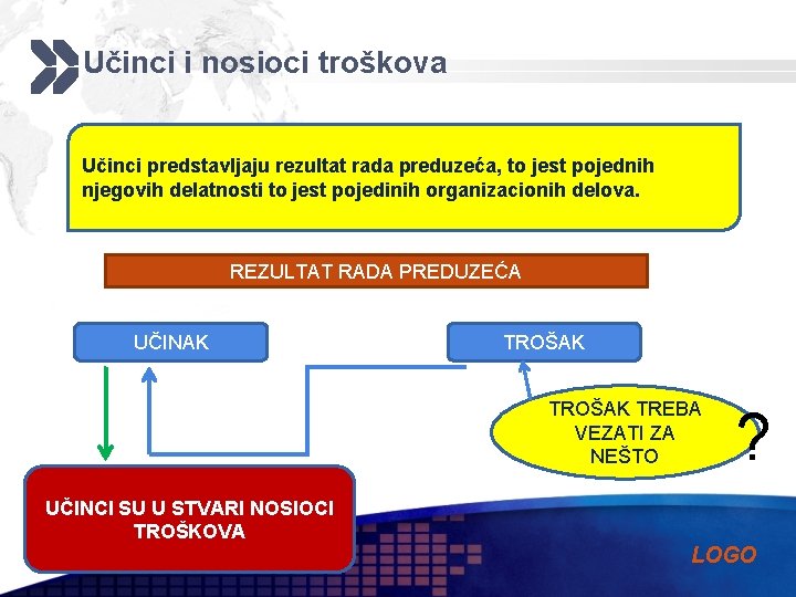 Učinci i nosioci troškova Učinci predstavljaju rezultat rada preduzeća, to jest pojednih njegovih delatnosti