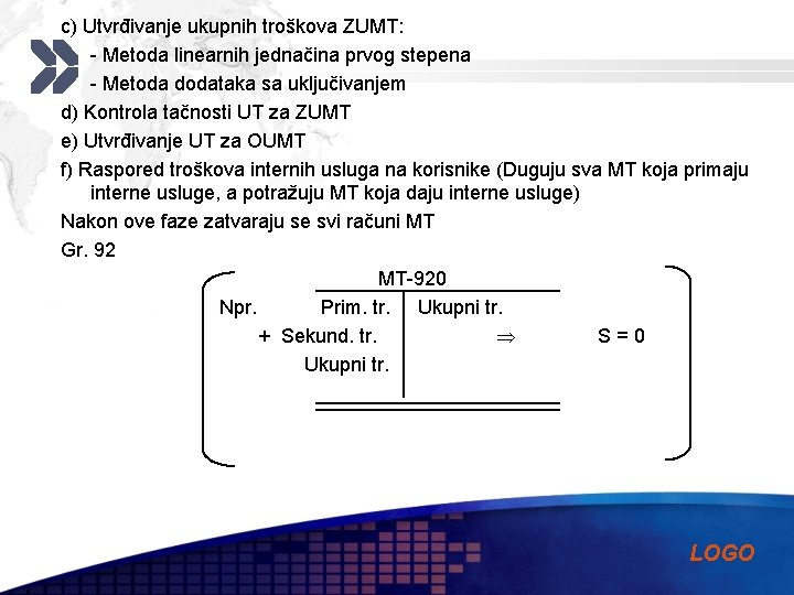 c) Utvrđivanje ukupnih troškova ZUMT: - Metoda linearnih jednačina prvog stepena - Metoda dodataka