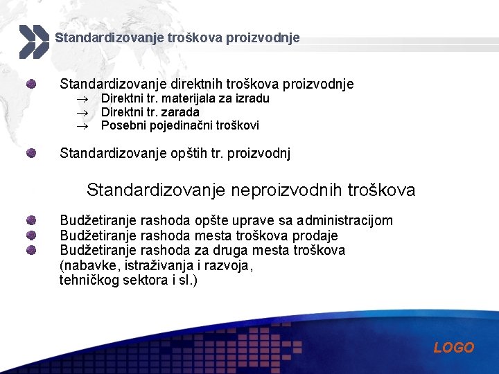 Standardizovanje troškova proizvodnje Standardizovanje direktnih troškova proizvodnje Direktni tr. materijala za izradu Direktni tr.