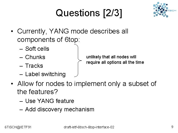 Questions [2/3] • Currently, YANG mode describes all components of 6 top: – –