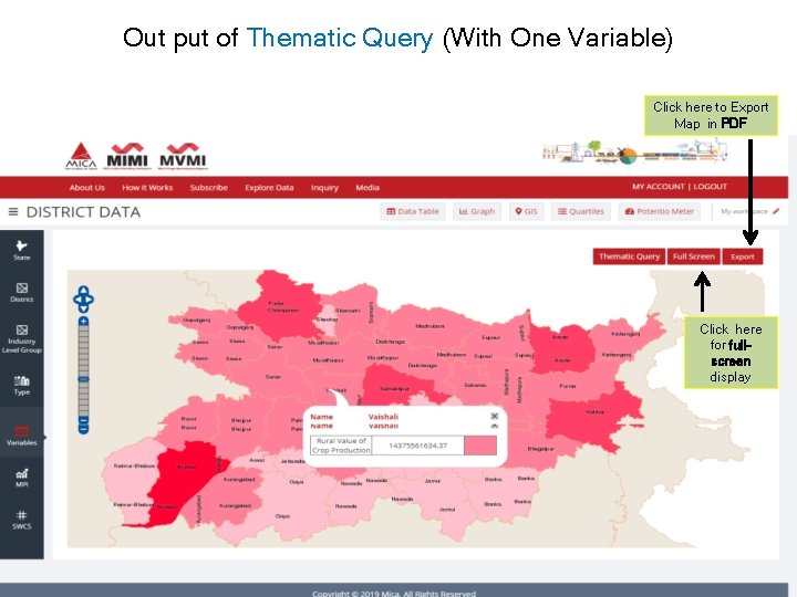 Out put of Thematic Query (With One Variable) Click here to Export Map in