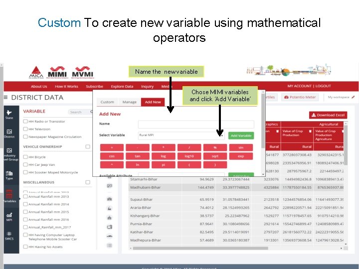 Custom To create new variable using mathematical operators Name the new variable Chose MIMI