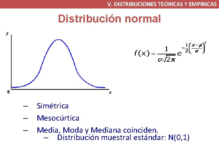 V. DISTRIBUCIONES TEÓRICAS Y EMPIRICAS Distribución normal – – – Simétrica Mesocúrtica Media, Moda