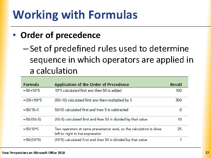 Working with Formulas XP • Order of precedence – Set of predefined rules used