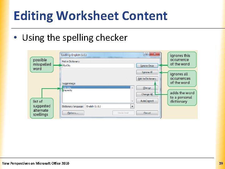 Editing Worksheet Content XP • Using the spelling checker New Perspectives on Microsoft Office