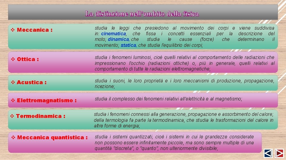 La distinzione nell’ambito della fisica v Meccanica : studia le leggi che presiedono al