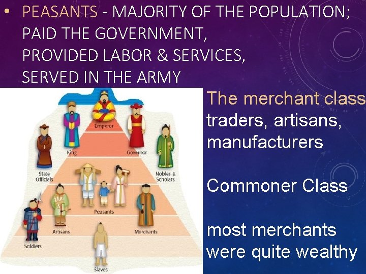  • PEASANTS - MAJORITY OF THE POPULATION; PAID THE GOVERNMENT, PROVIDED LABOR &