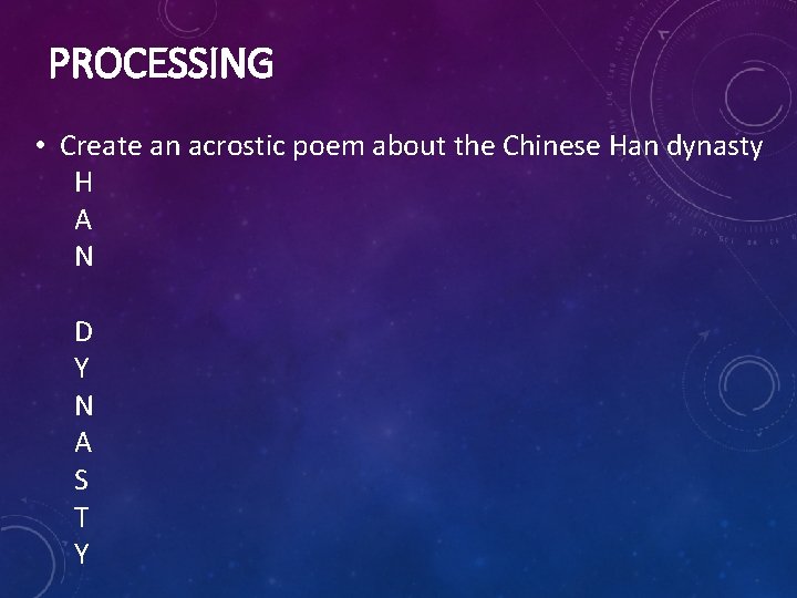 PROCESSING • Create an acrostic poem about the Chinese Han dynasty H A N