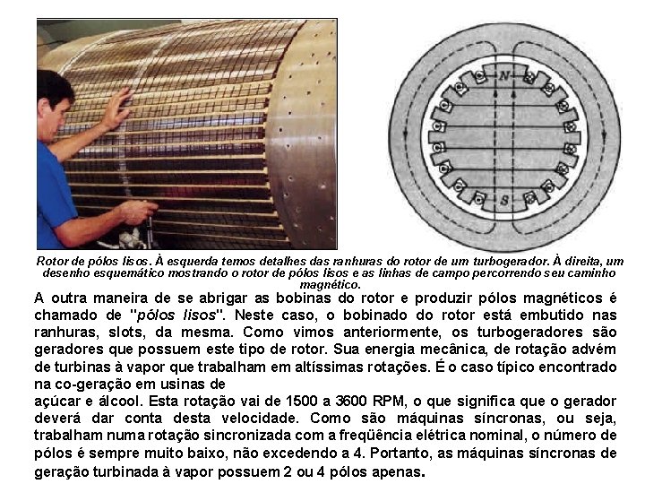 Rotor de pólos lisos. À esquerda temos detalhes das ranhuras do rotor de um