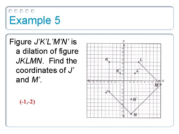 Example 5 Figure J’K’L’M’N’ is a dilation of figure JKLMN. Find the coordinates of