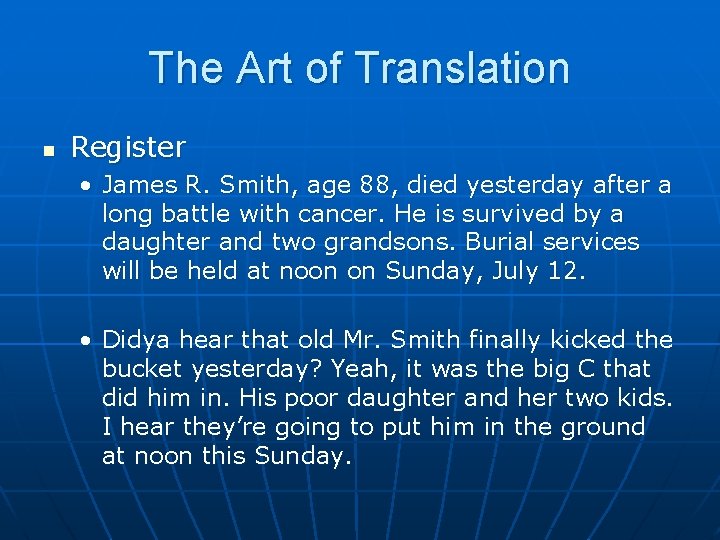The Art of Translation n Register • James R. Smith, age 88, died yesterday