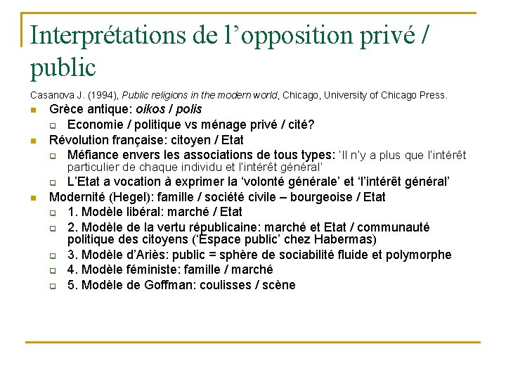 Interprétations de l’opposition privé / public Casanova J. (1994), Public religions in the modern