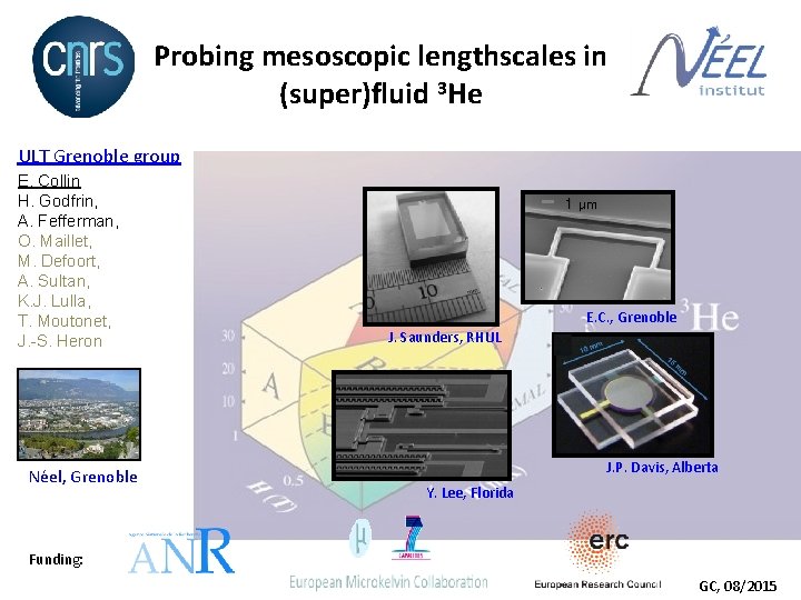 Probing mesoscopic lengthscales in (super)fluid 3 He ULT Grenoble group E. Collin H. Godfrin,