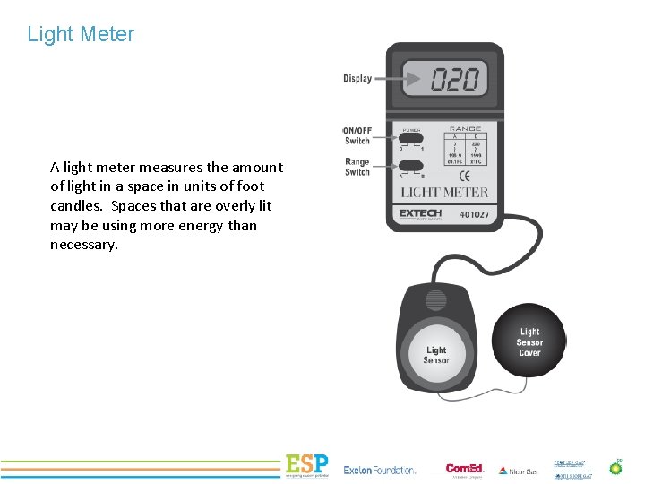 Light Meter A light meter measures the amount of light in a space in