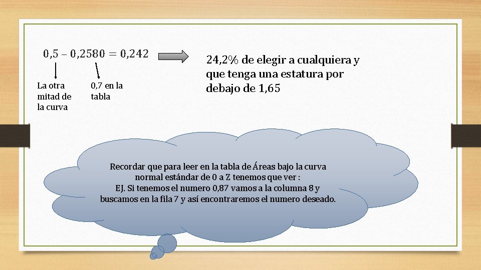 0, 5 – 0, 2580 = 0, 242 La otra mitad de la curva