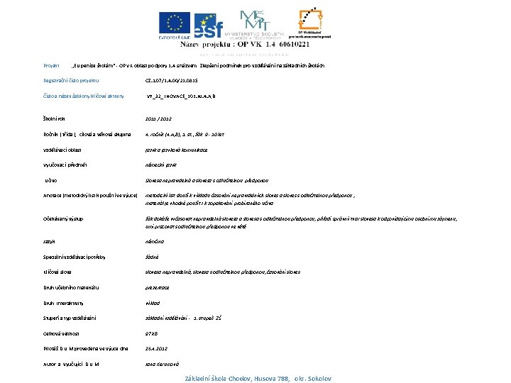 Projekt : „EU peníze školám“ - OP VK oblast podpory 1. 4 s názvem