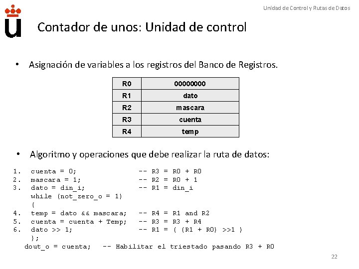 Unidad de Control y Rutas de Datos Contador de unos: Unidad de control •