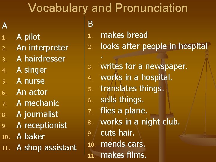 Vocabulary and Pronunciation B A 1. 2. 3. 4. 5. 6. 7. 8. 9.