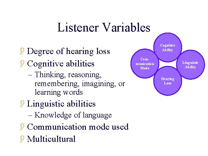 Listener Variables ODegree of hearing loss OCognitive abilities – Thinking, reasoning, remembering, imagining, or