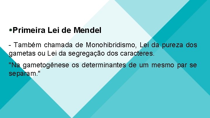  Primeira Lei de Mendel - Também chamada de Monohibridismo, Lei da pureza dos