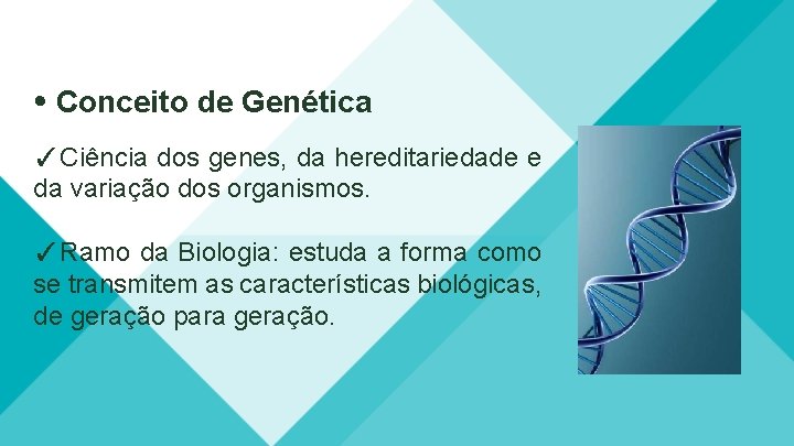  Conceito de Genética ✓Ciência dos genes, da hereditariedade e da variação dos organismos.