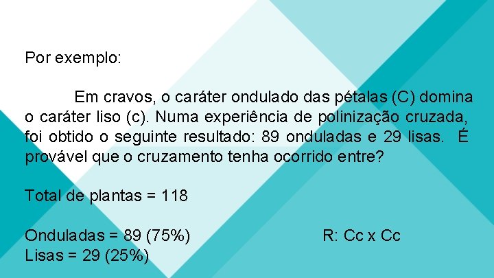 Por exemplo: Em cravos, o caráter ondulado das pétalas (C) domina o caráter liso
