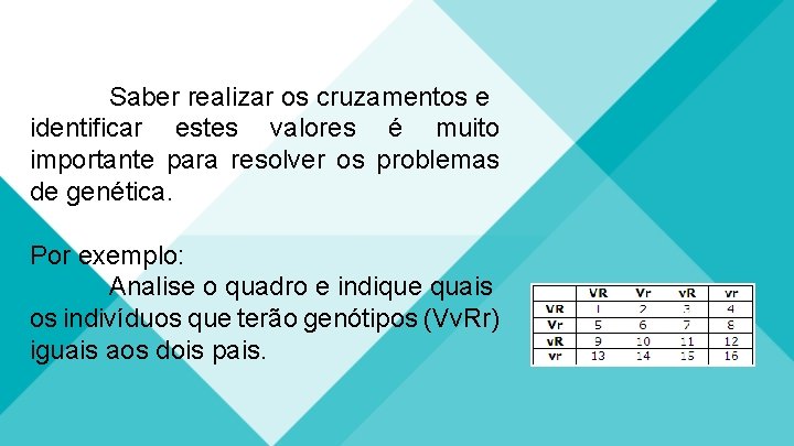 Saber realizar os cruzamentos e identificar estes valores é muito importante para resolver os