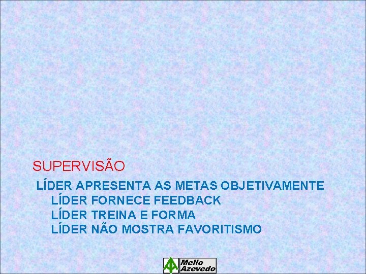 SUPERVISÃO LÍDER APRESENTA AS METAS OBJETIVAMENTE LÍDER FORNECE FEEDBACK LÍDER TREINA E FORMA LÍDER