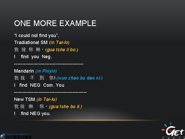 ONE MORE EXAMPLE “I could not find you”. Tradiational SM (in Tai-lo) 我 找