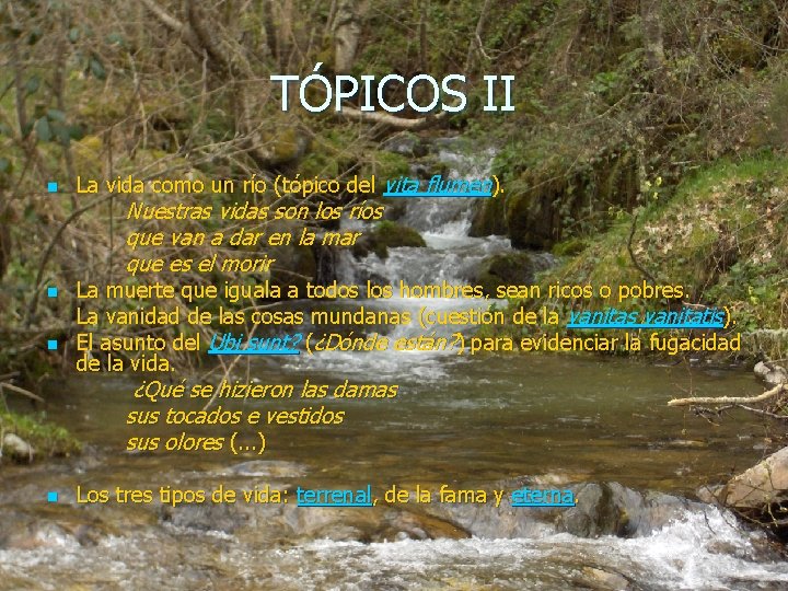 TÓPICOS II n n n La vida como un río (tópico del vita flumen). TÓPICOS II n n n La vida como un río (tópico del vita flumen).