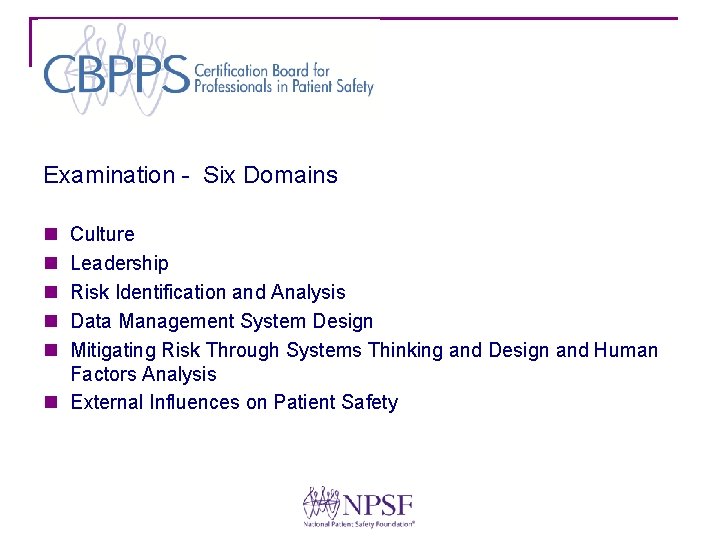 Examination - Six Domains n n n Culture Leadership Risk Identification and Analysis Data