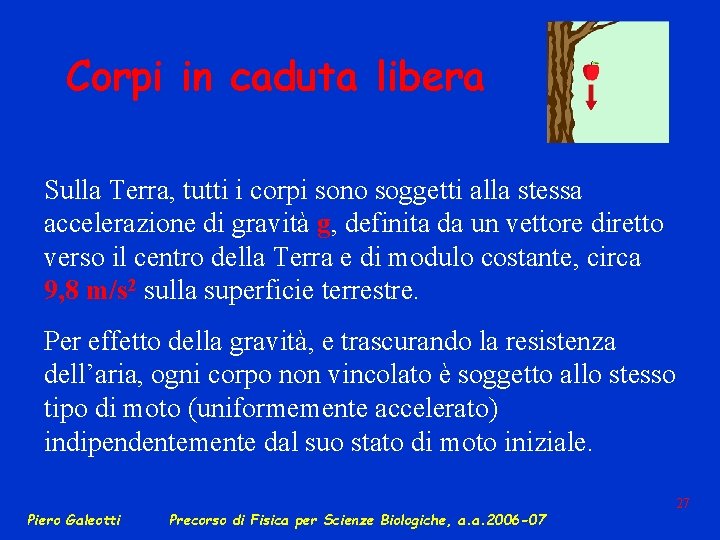 Corpi in caduta libera Sulla Terra, tutti i corpi sono soggetti alla stessa accelerazione