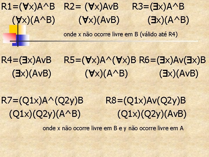 R 1=( x)A^B R 2= ( x)Av. B ( x)(A^B) ( x)(Av. B) R