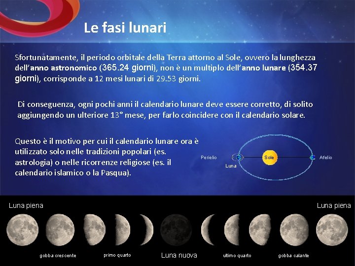 Le fasi lunari Sfortunatamente, il periodo orbitale della Terra attorno al Sole, ovvero la