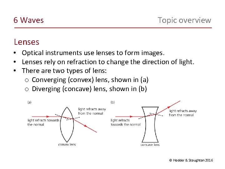 6 Waves Topic overview Lenses • Optical instruments use lenses to form images. •