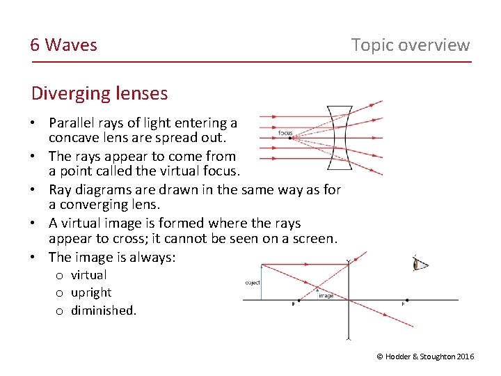 6 Waves Topic overview Diverging lenses • Parallel rays of light entering a concave