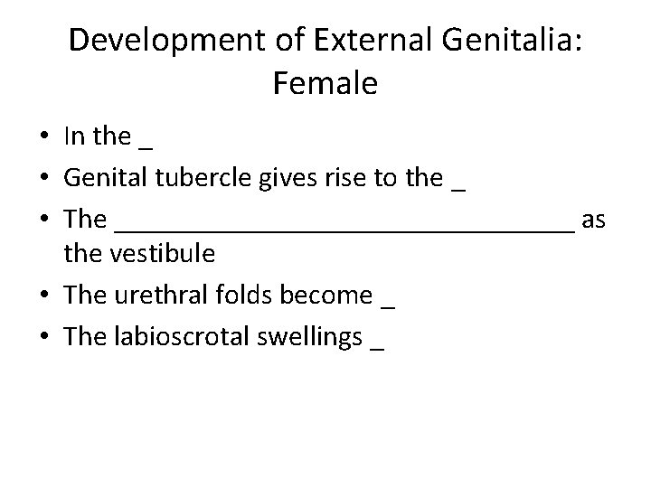 Development of External Genitalia: Female • In the _ • Genital tubercle gives rise