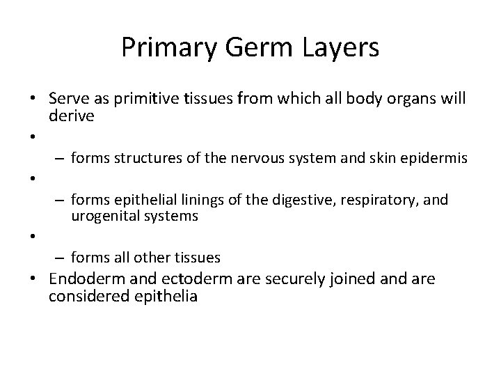 Primary Germ Layers • Serve as primitive tissues from which all body organs will