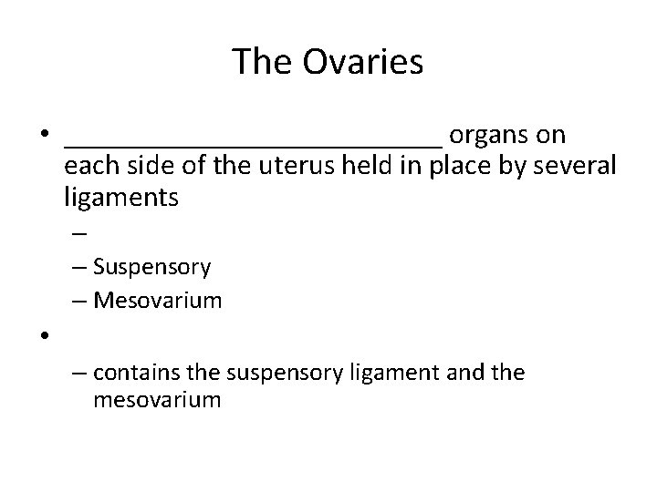 The Ovaries • _____________ organs on each side of the uterus held in place