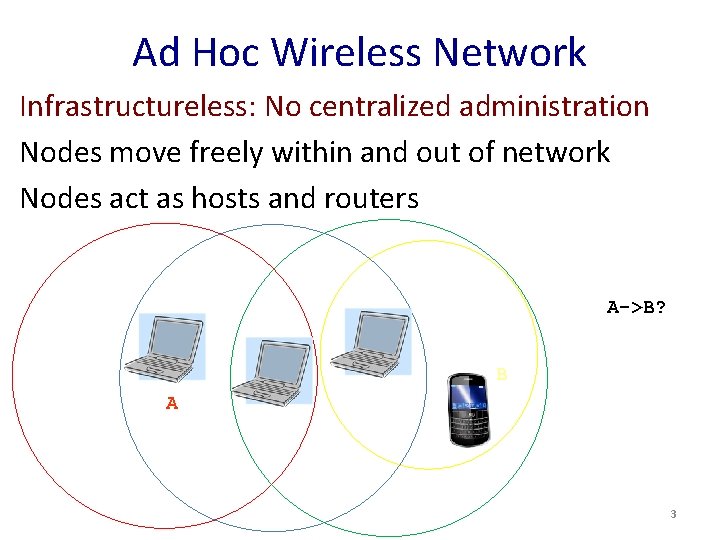 Ad Hoc Wireless Network Infrastructureless: No centralized administration Nodes move freely within and out