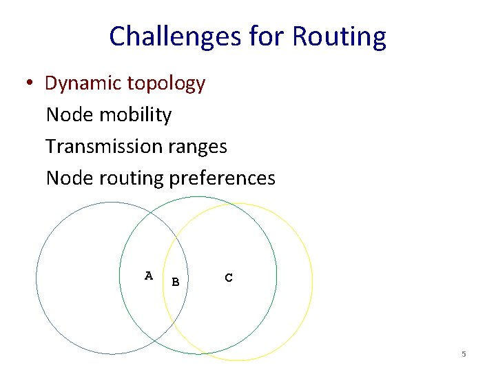 Challenges for Routing • Dynamic topology Node mobility Transmission ranges Node routing preferences A