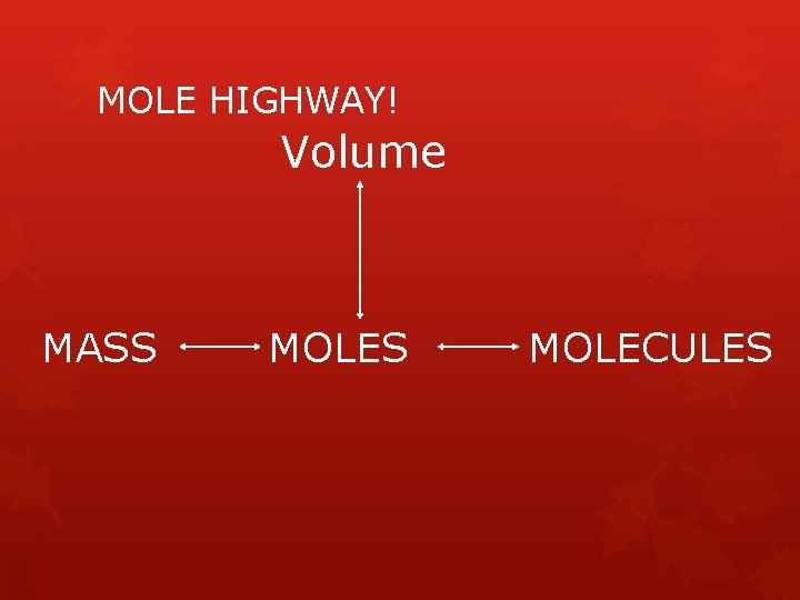 MOLE HIGHWAY! Volume MASS MOLECULES 