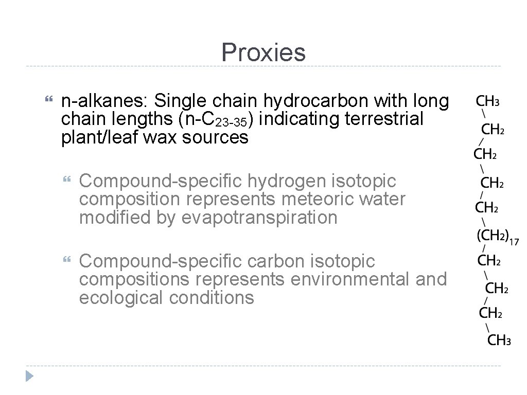 Proxies n-alkanes: Single chain hydrocarbon with long chain lengths (n-C 23 -35) indicating terrestrial