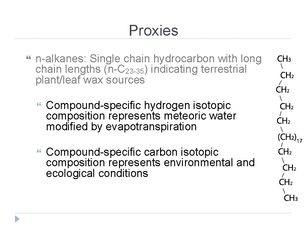 Proxies n-alkanes: Single chain hydrocarbon with long chain lengths (n-C 23 -35) indicating terrestrial